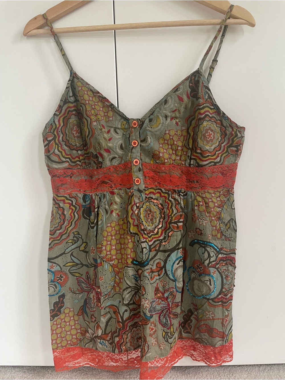 American Rag Olive Floral Spaghetti-Strap Cami with Coral Lace